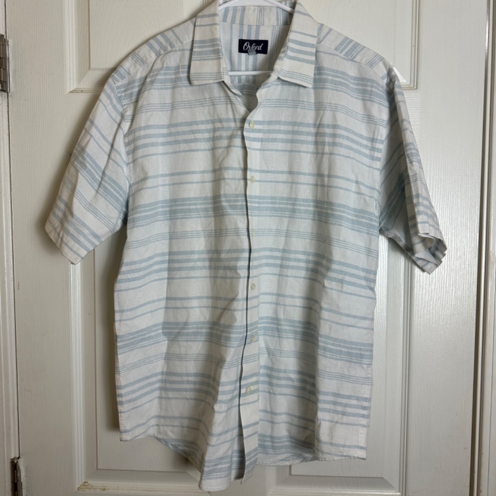 Oxford Linen Cotton Blue Striped Short Sleeve Shirt Men Size XL